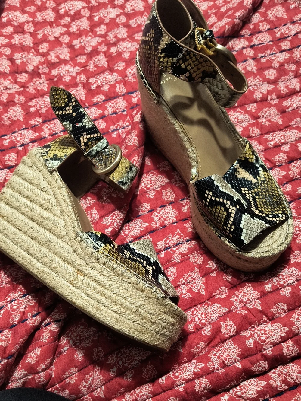 Marc Fisher Snake-Print Espadrille Wedges in Yellow and Black